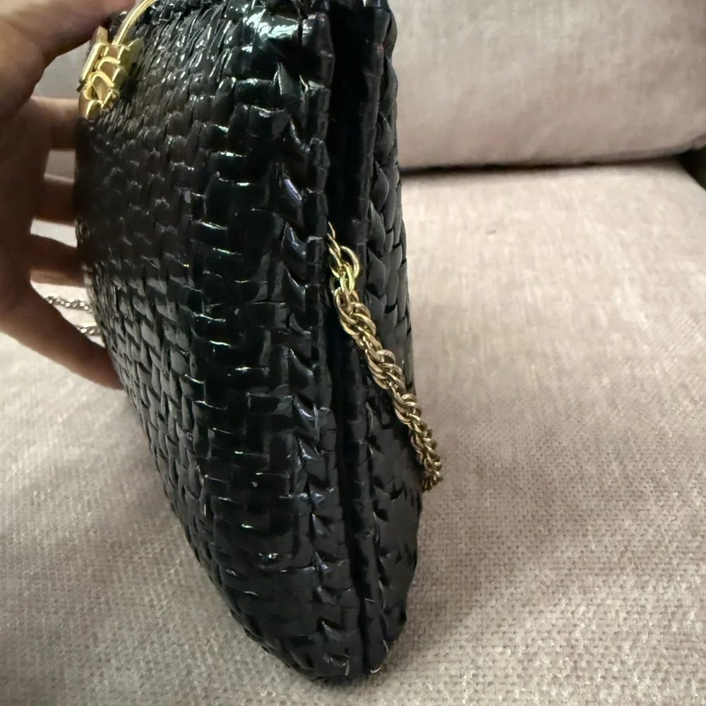 Vintage Rodo Black Lacquer Wicker Bag with gold tone chain Strap